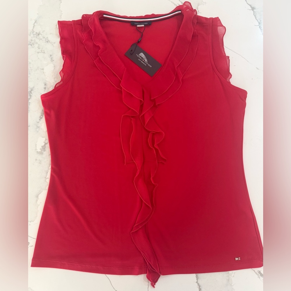 Tommy Hilfiger Size Large Red Ruffle V-Neck Sleeveless Dressy Blouse.